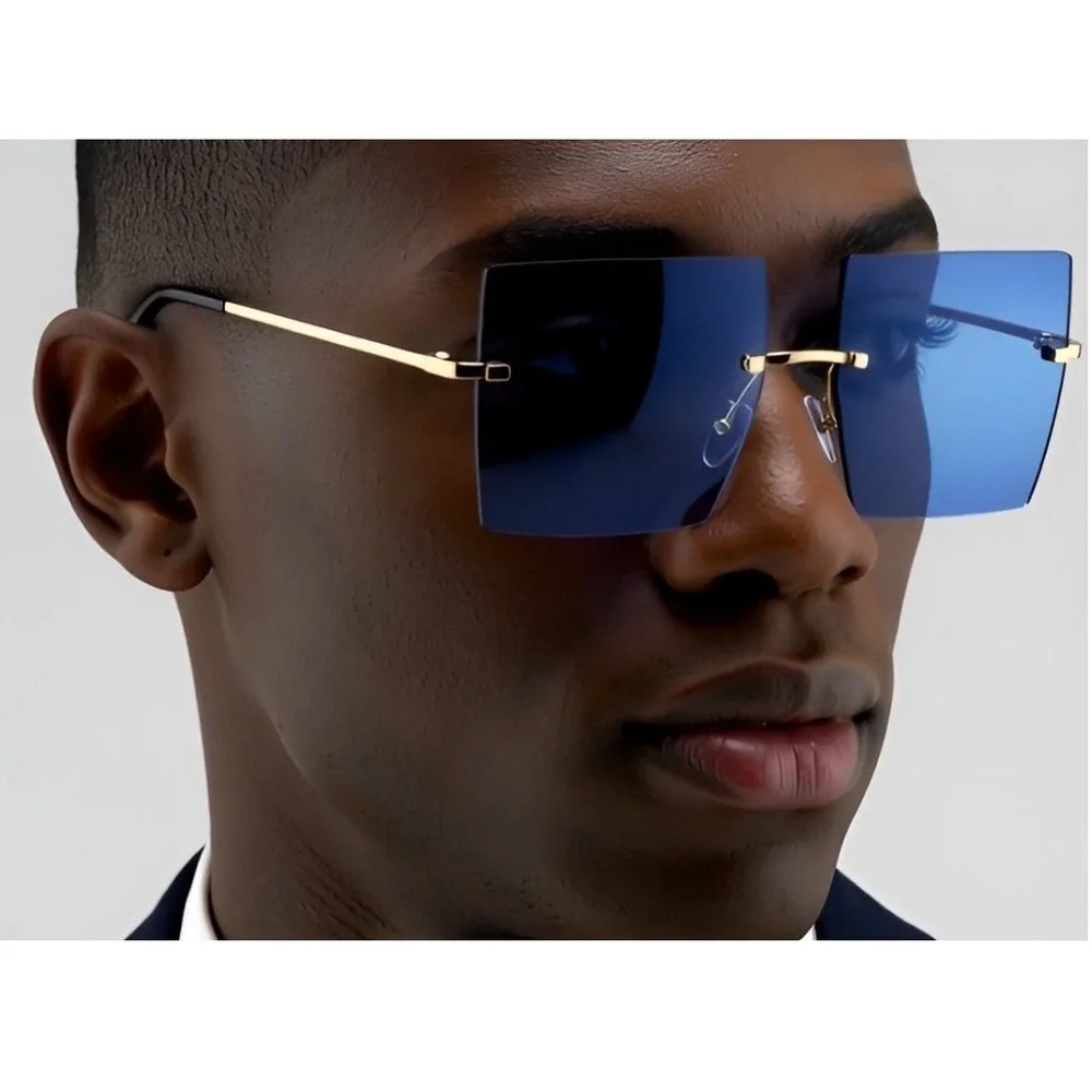 Rimless Sunglasses Square Blue Lens Gold Accents Fashion Trendy Men Sun Glasses